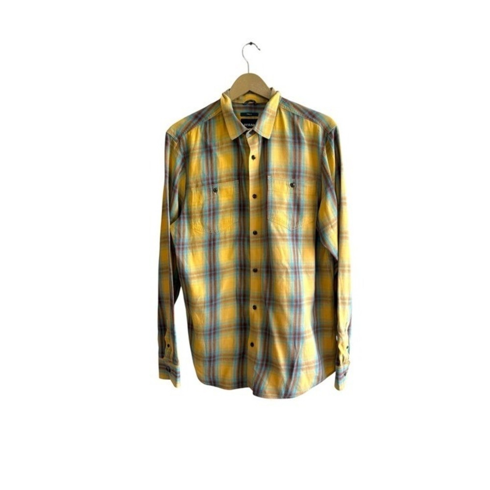 Prana Mens Medium Tall Dolberg Flannel Button Up Shirt Yellow Blue Plaid Western